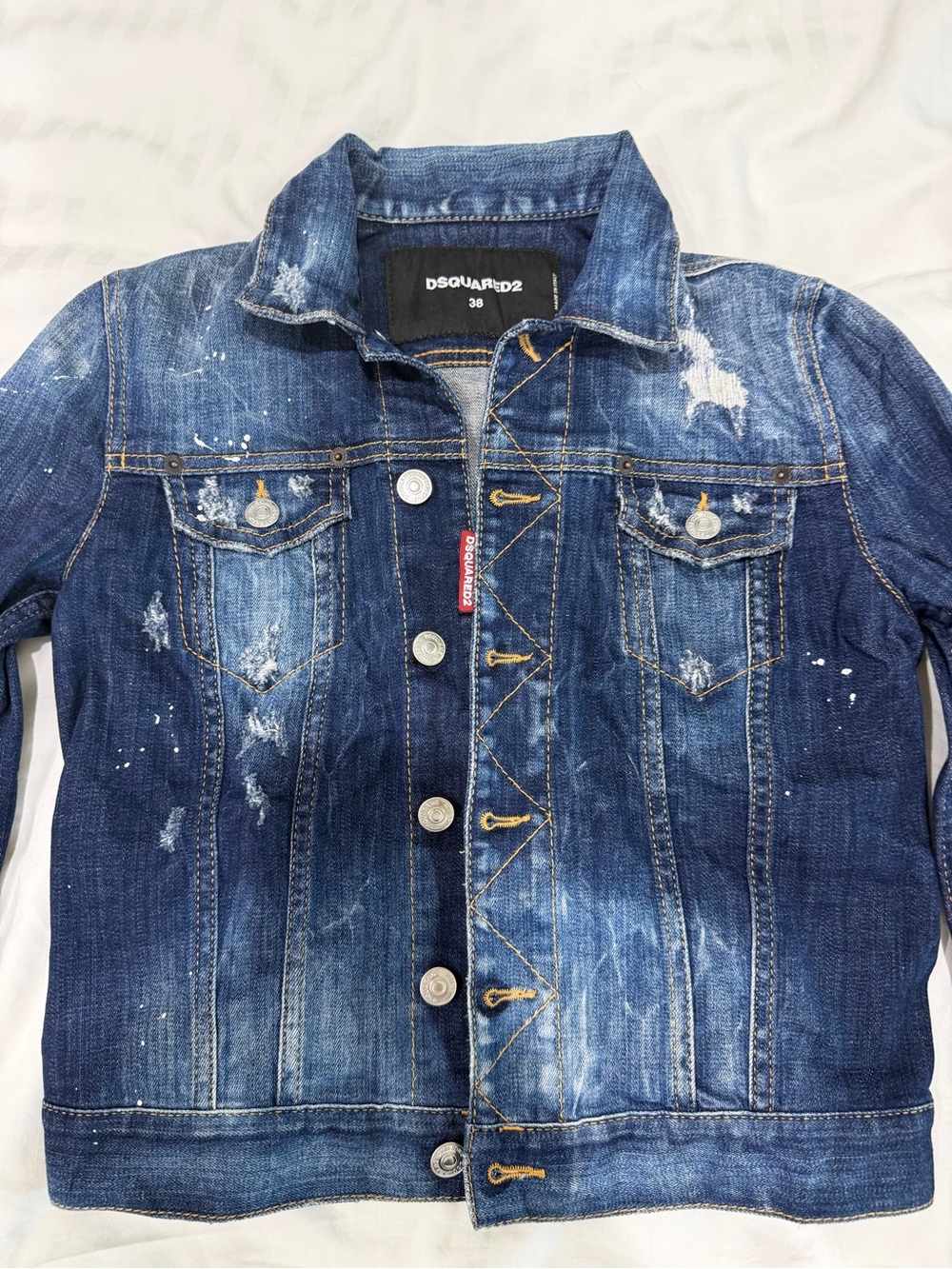 DSQUARED2 Blue Distressed Paint-Splatter Denim Jacket